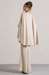 Champagne Satin Plunge-Neck Maxi Dress With Cape Sleeves
